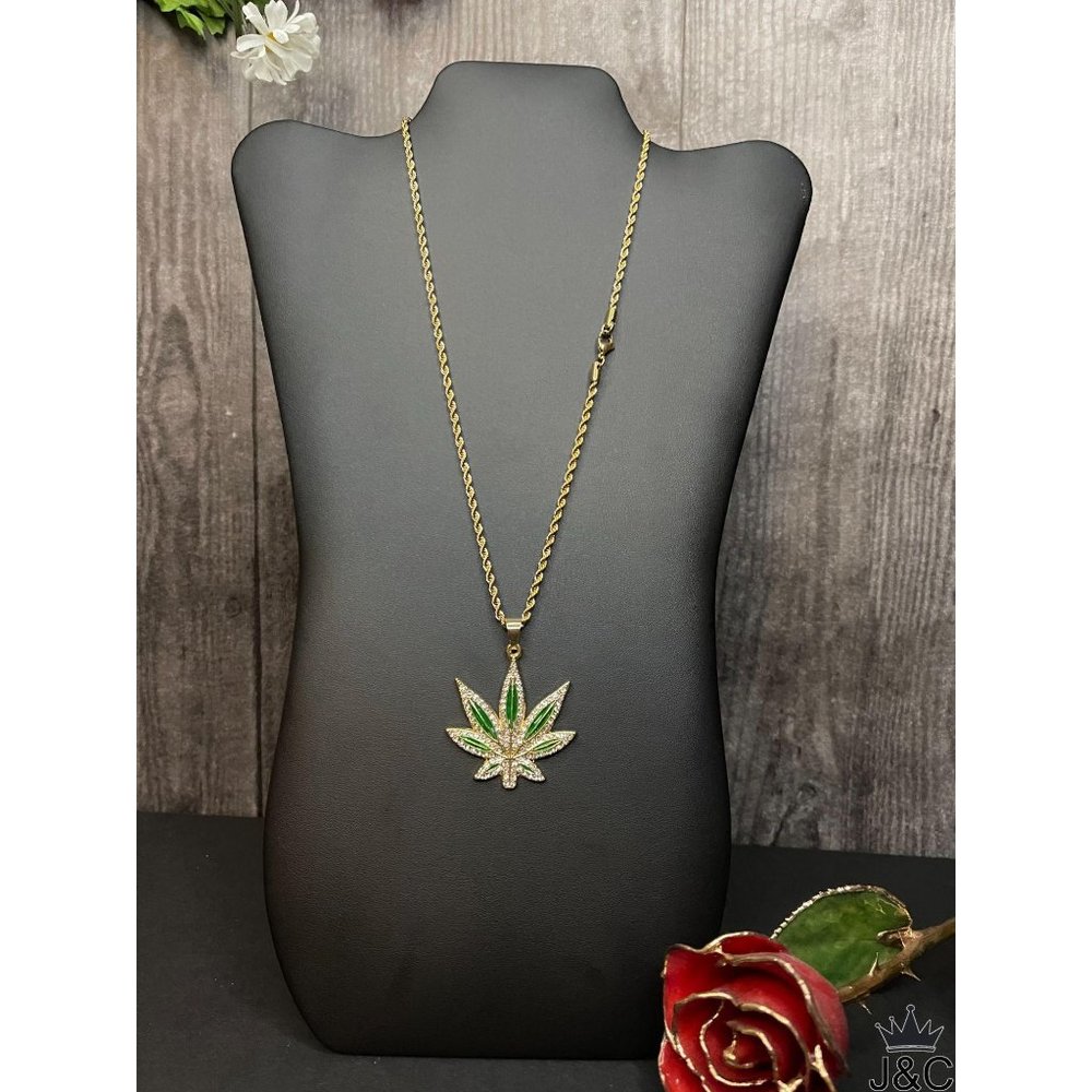 Gold Finish Green Leaf Pendant Necklace